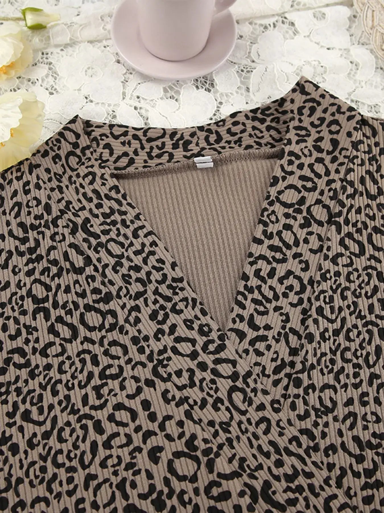 Leopard Cami Cardigan and Shorts 3-Piece Set detailed view of the leopard print fabric with a V neckline.