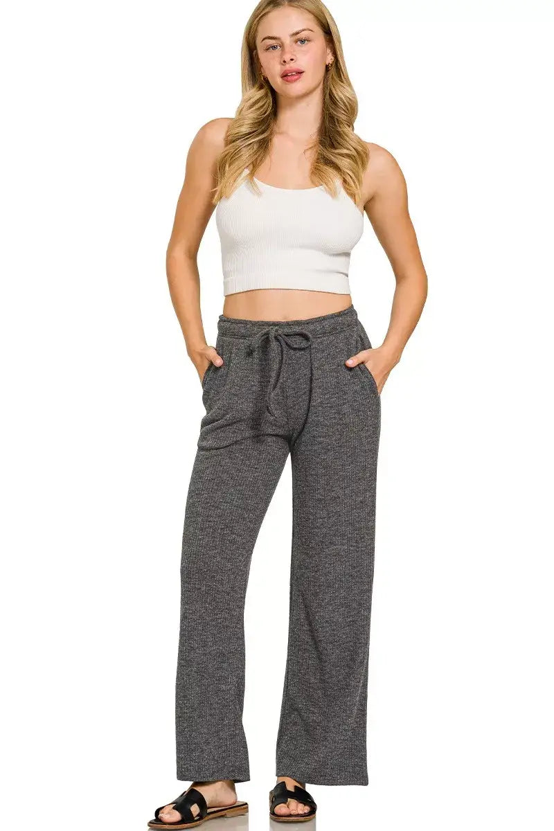 Zenana Ribbed Drawstring Lounge Pants in dark gray, featuring a drawstring waist and side pockets for comfort.
