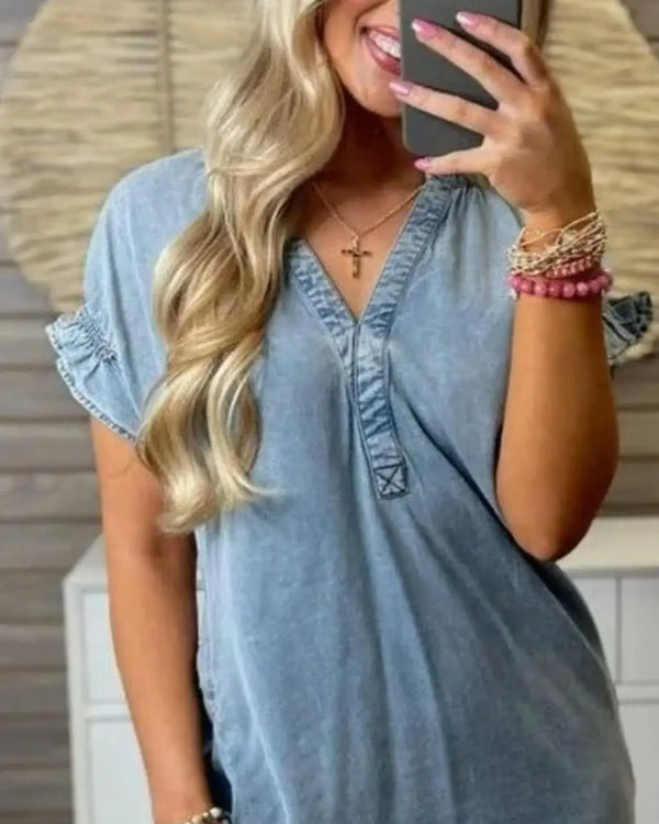 Full Size V-Neck Short Sleeve Denim Dress Plus Size