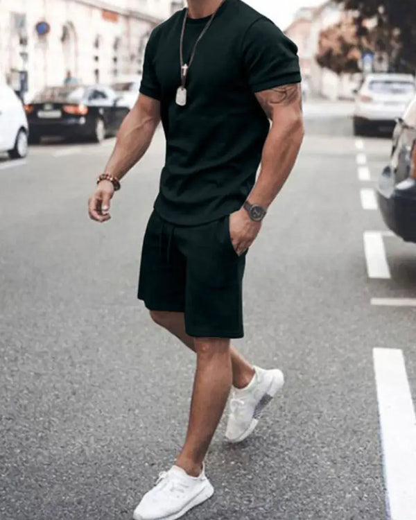 Men's Plus Size Round Neck Short Sleeve Top and Shorts Set