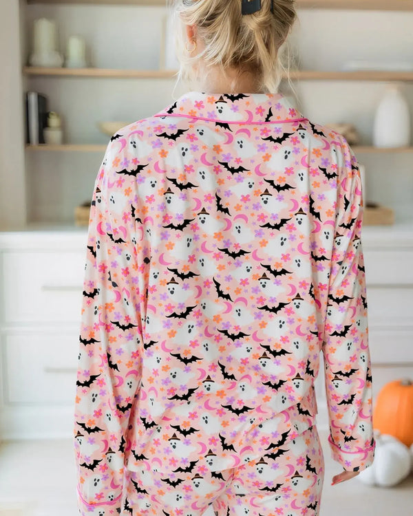 Halloween Ghost Print Button Up Top and Pants Lounge Set