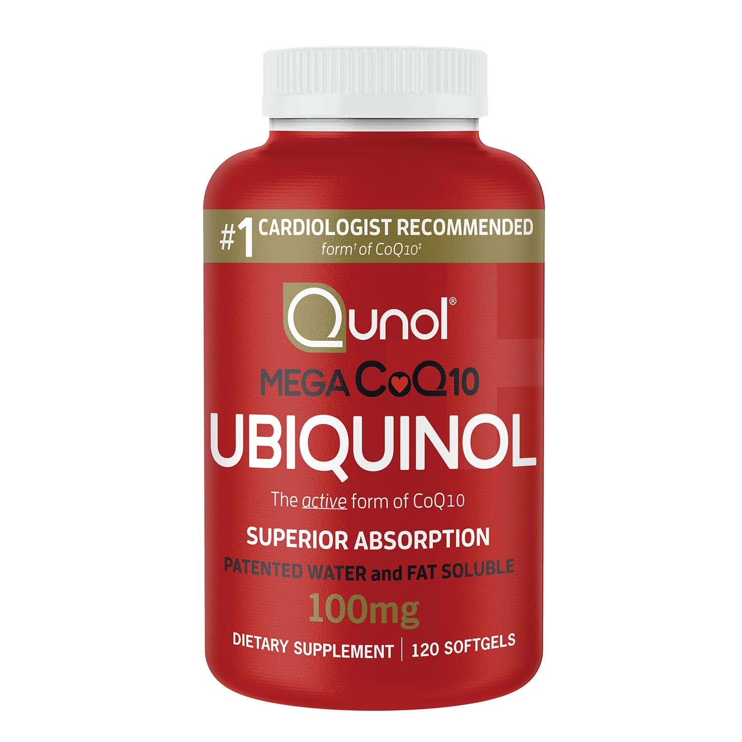 Qunol Mega Ubiquinol CoQ10 100 mg supplement bottle with 120 softgels for heart health and energy support.