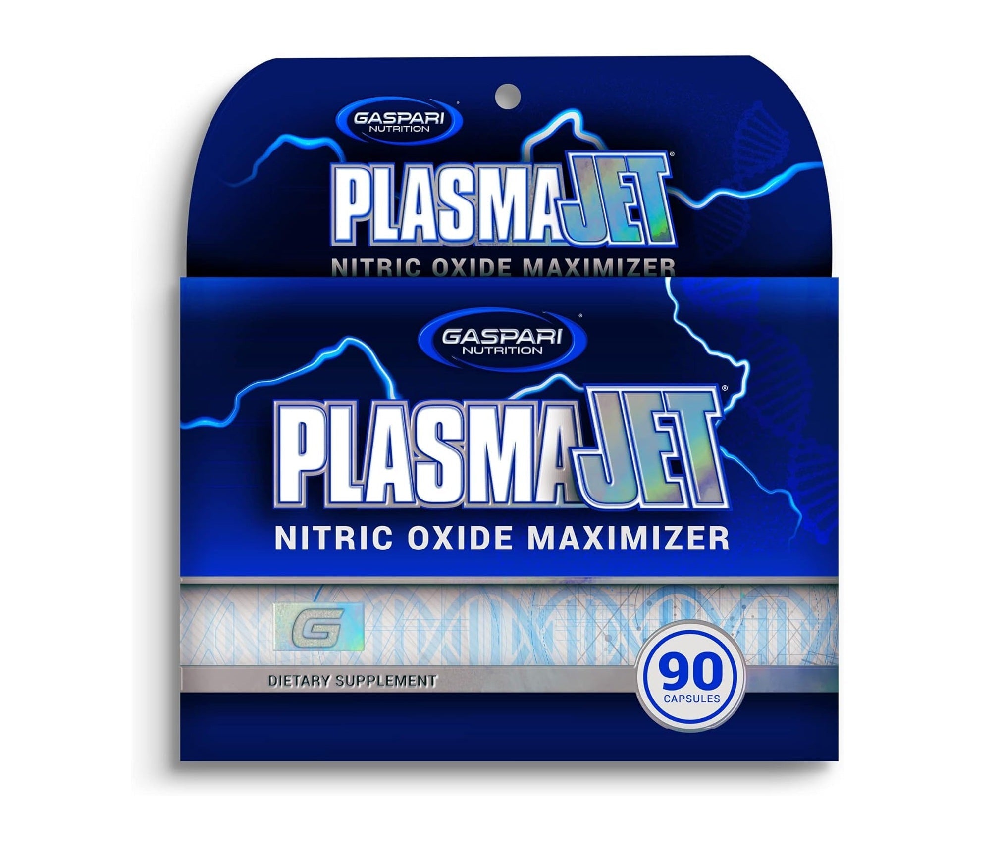 Gaspari PlasmaJet Nitric Oxide Maximizer packaging featuring 90 capsules for dietary supplement use.