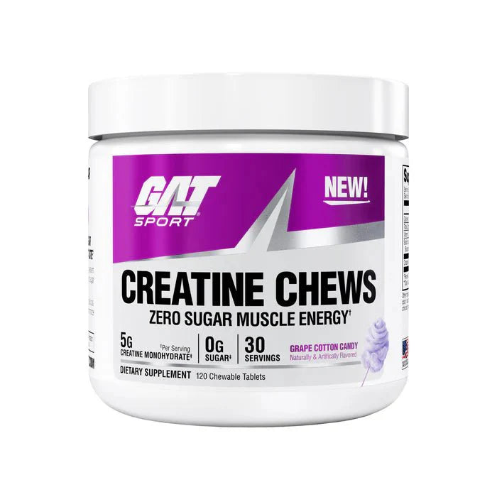 Gat Sports Creatine Chews container showcasing zero sugar muscle energy with grape cotton candy flavor.