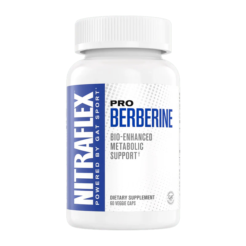 Gat Sports Nitraflex Pro Berberine supplement bottle, bio-enhanced metabolic support, 60 veggie caps.