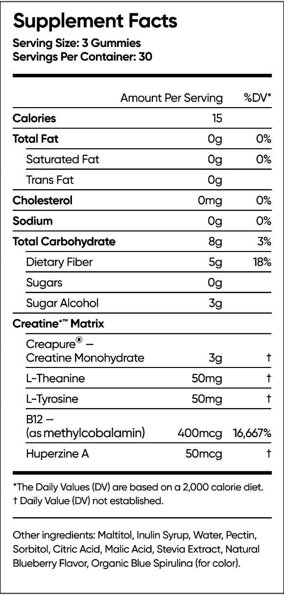 Supplement facts for Bear Balanced Creatine Gummies showing ingredients and nutritional information.