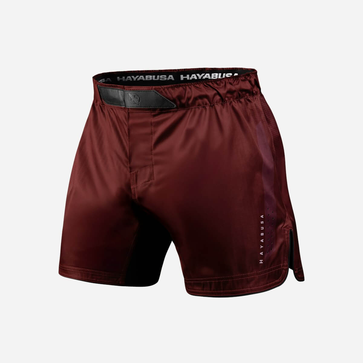 Hayabusa Core Mid-Thigh Fight Shorts in burgundy color, designed for durability and freedom of movement.