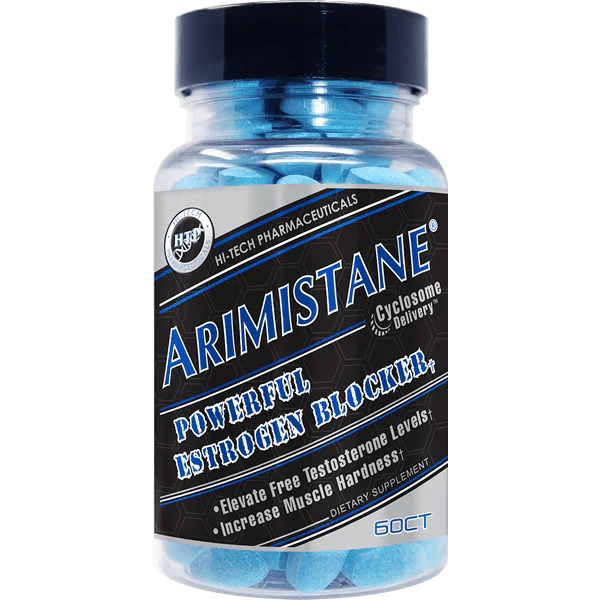 Hi Tech Pharma Arimistane supplement bottle with blue pills, powerful estrogen blocker for testosterone boost.