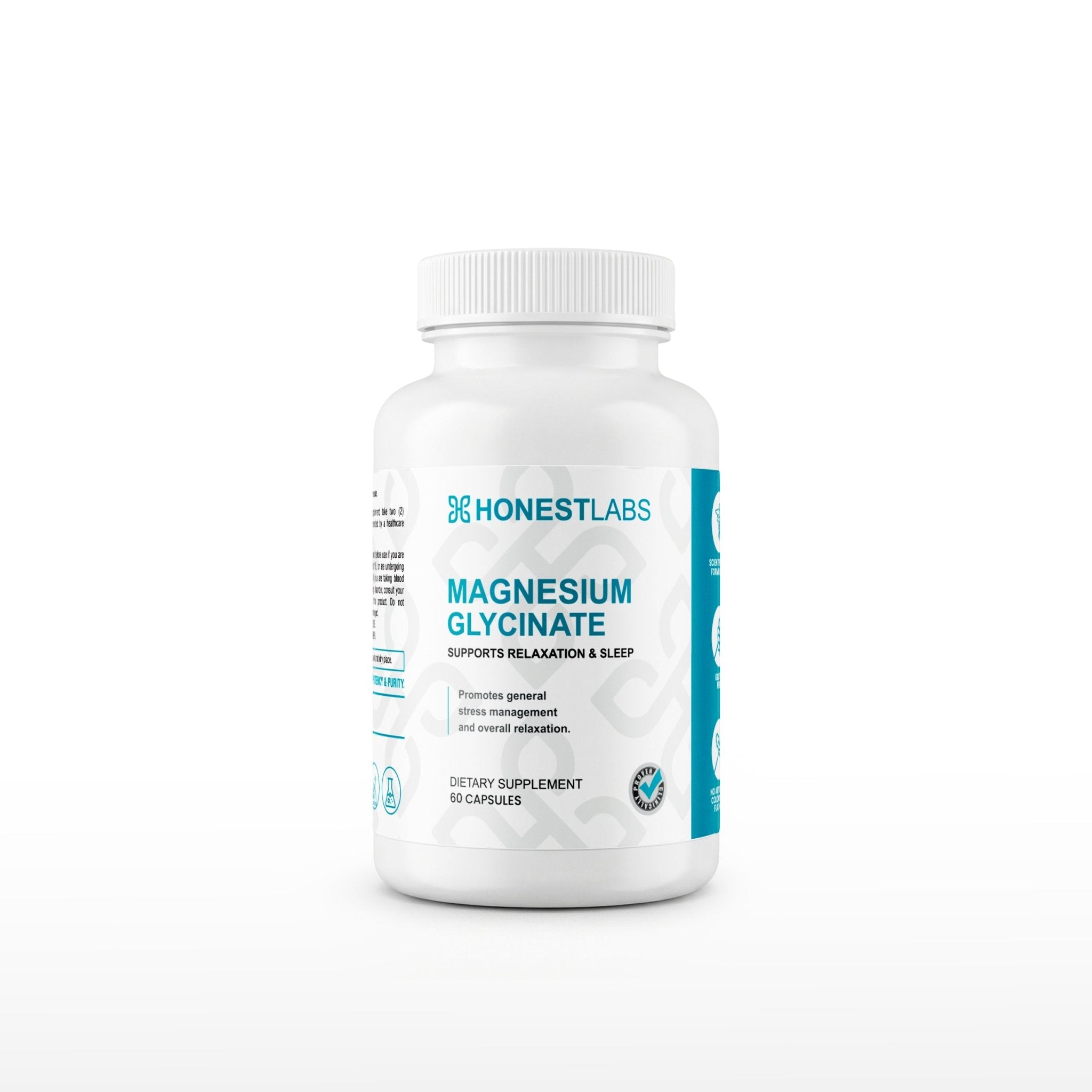 Honest Labs Magnesium Glycinate 60 Capsules supplement bottle for relaxation and sleep support.