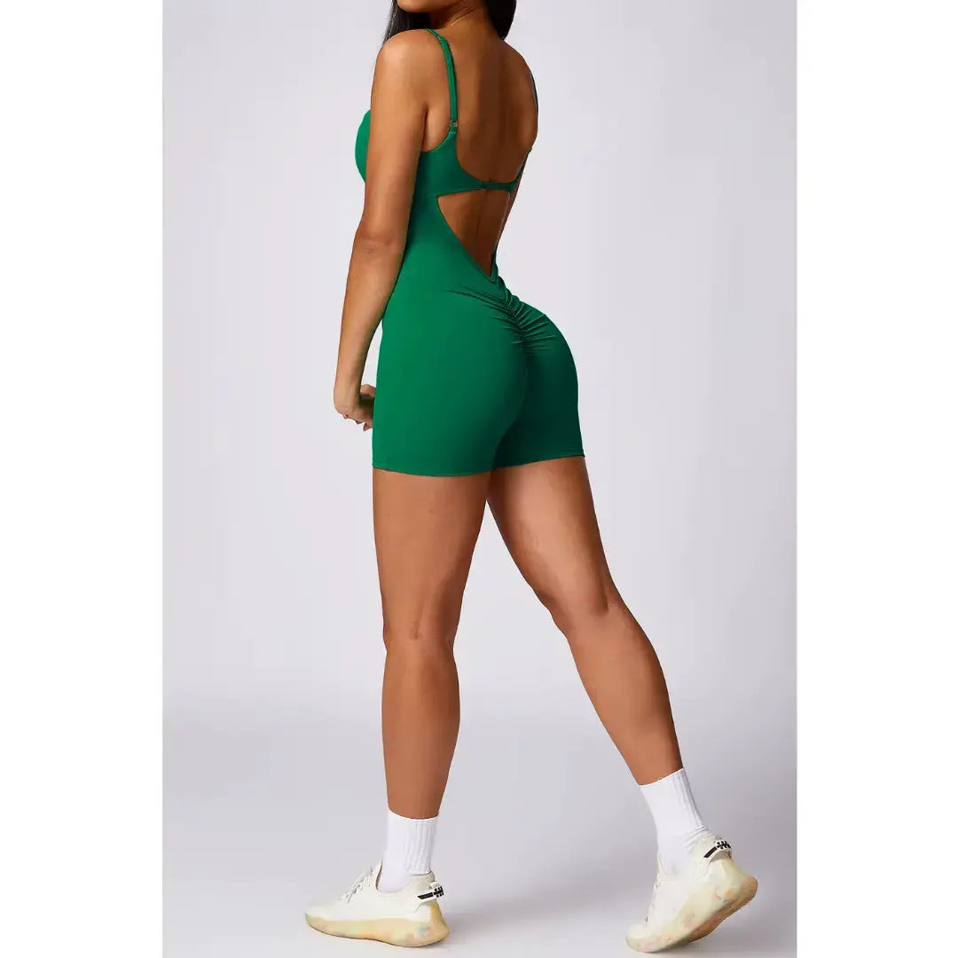 Seamless Yoga Jumpsuit Flairé Sculpting One-Piece Activewear in green, showcasing back design and slim fit.