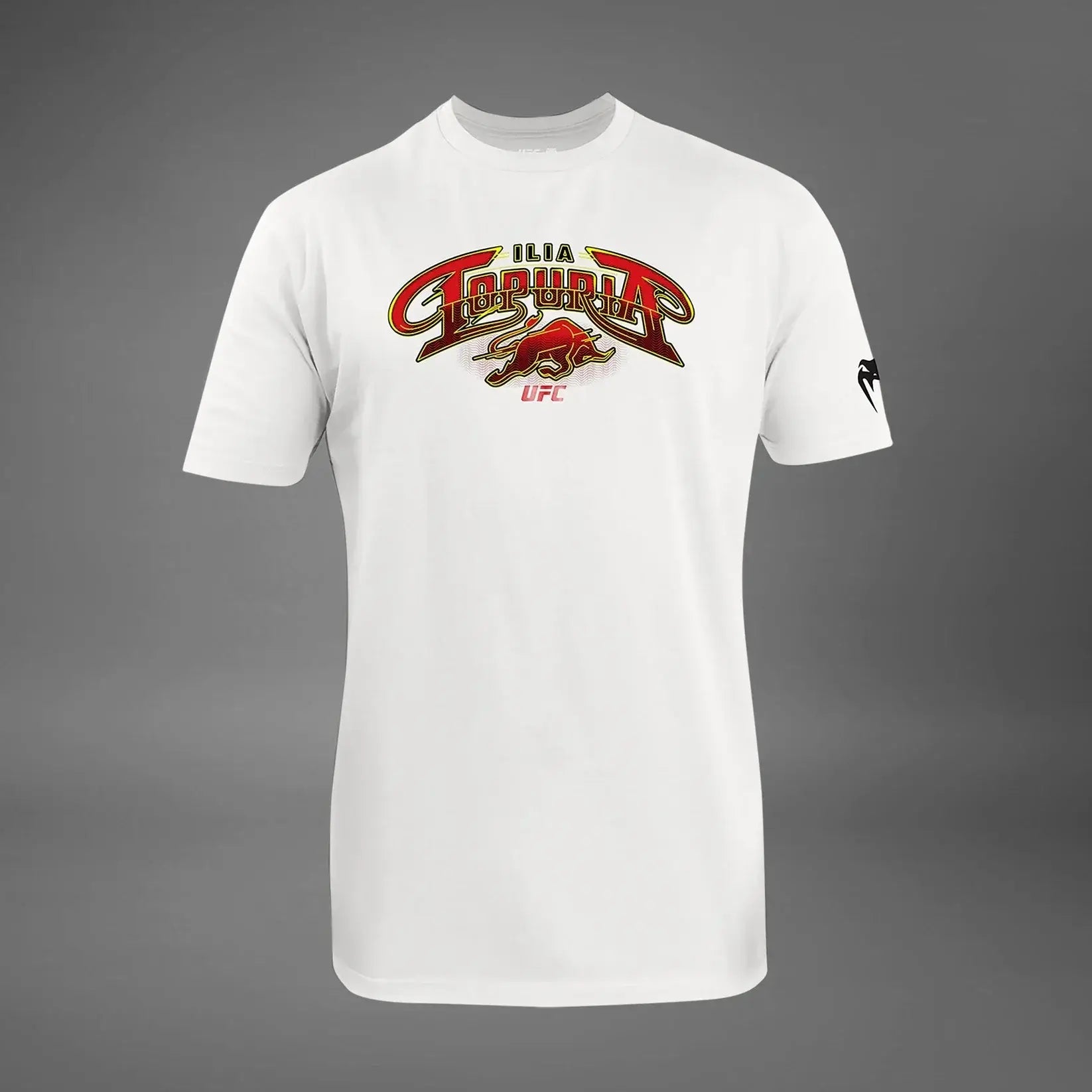 UFC Unrivaled Ilia Topuria T-Shirt displayed on a gray background, featuring a bold graphic design.