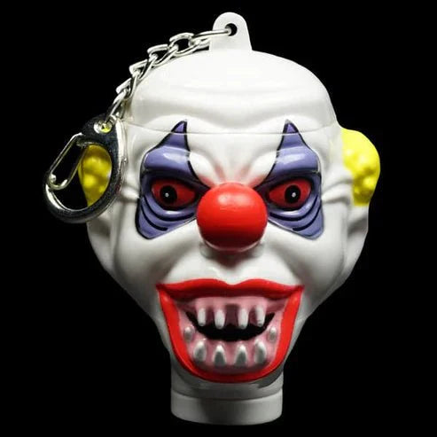 Insane Labz 6ix The Clown Funnel keychain shaped like a scary clown head, portable supplement dispenser.