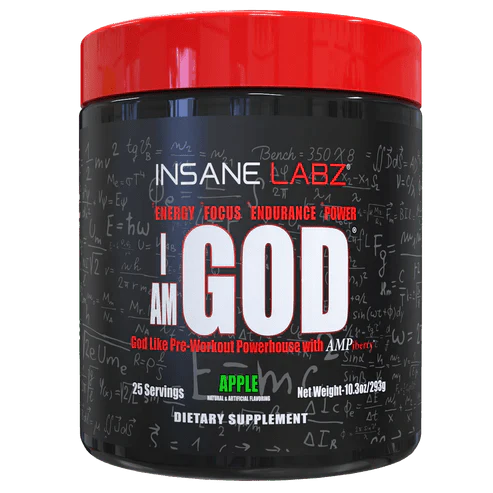 Insane Labz I am God Pre Workout container showcasing energy and endurance supplement in apple flavor.