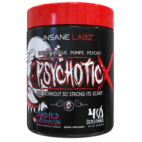 Insane Labz Psychotic X pre-workout container featuring Candied Watermelon flavor and 40 servings.