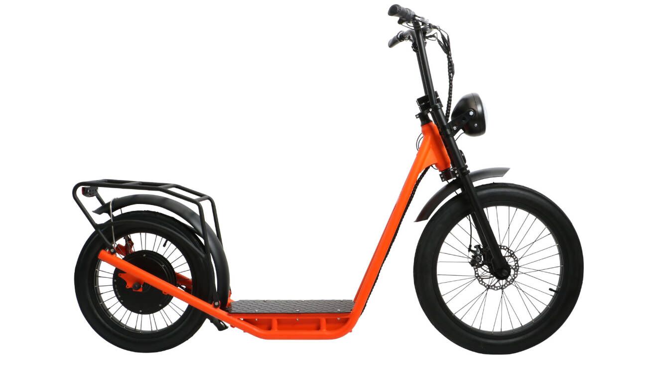 EUNORAU JUMBO ELECTRIC SCOOTER in vibrant orange color with large wheels and motorcycle-style handlebars.