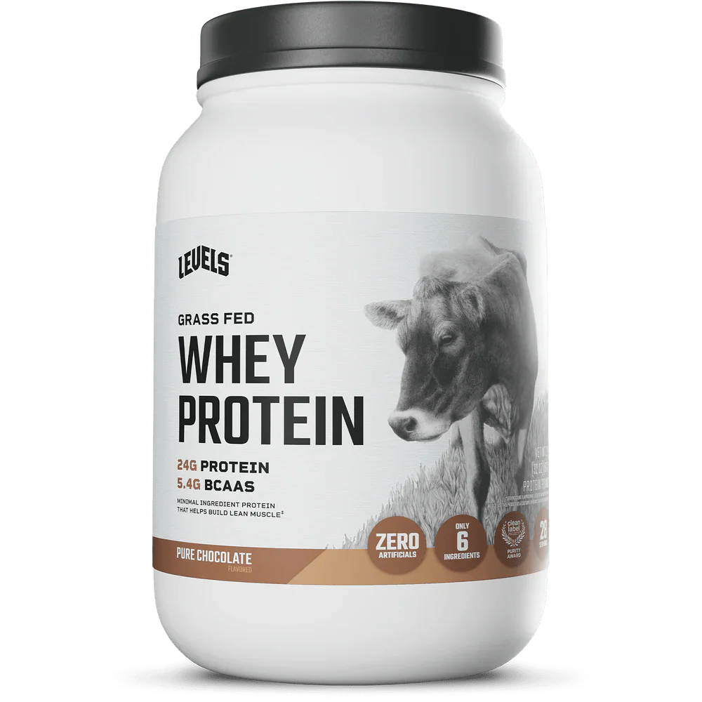 Levels Grass Fed Whey Protein 2 Lbs Pure Chocolate in a white container with a cow image.