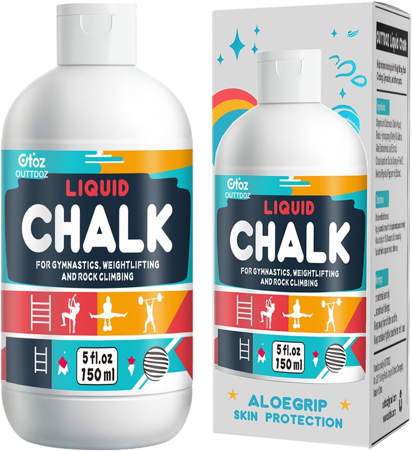 Liquid Gym Chalk  Aloe -150 ml bottle and packaging for gymnastics, weightlifting, and rock climbing.