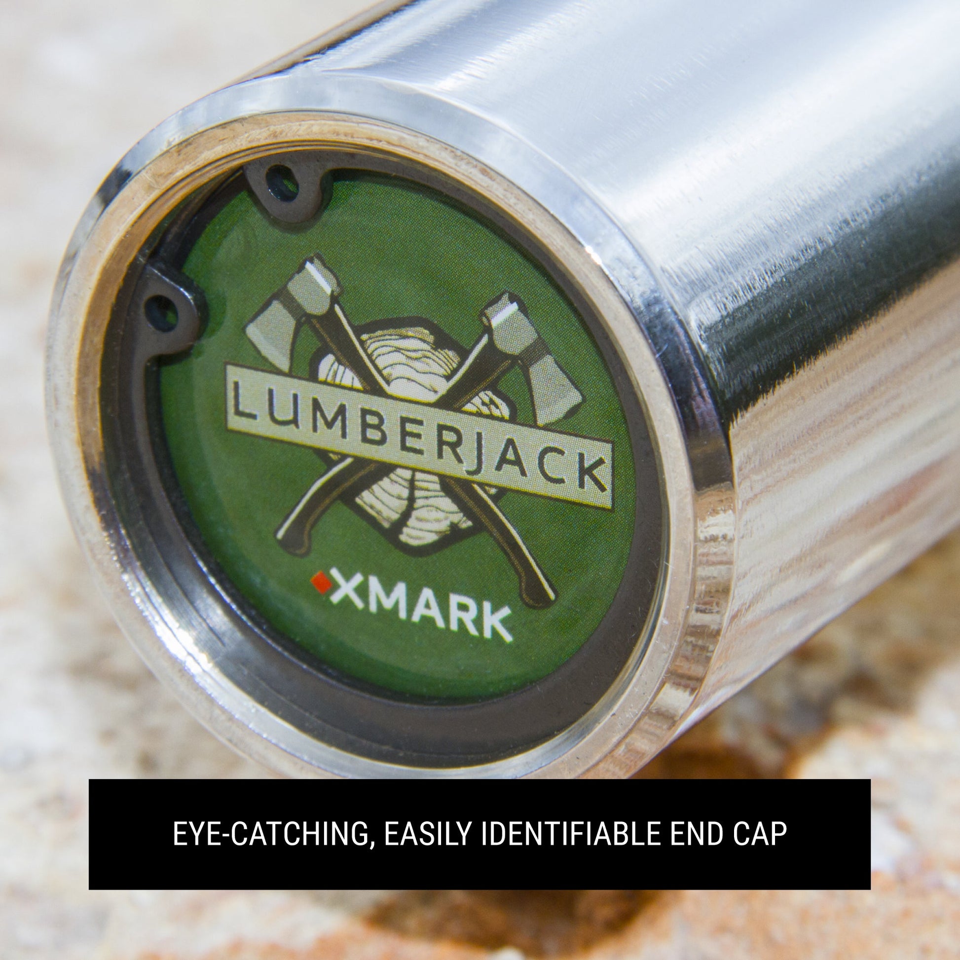 Close-up of the end cap of the Lumberjack 7ft Olympic Beginner Bar with logo and design features.