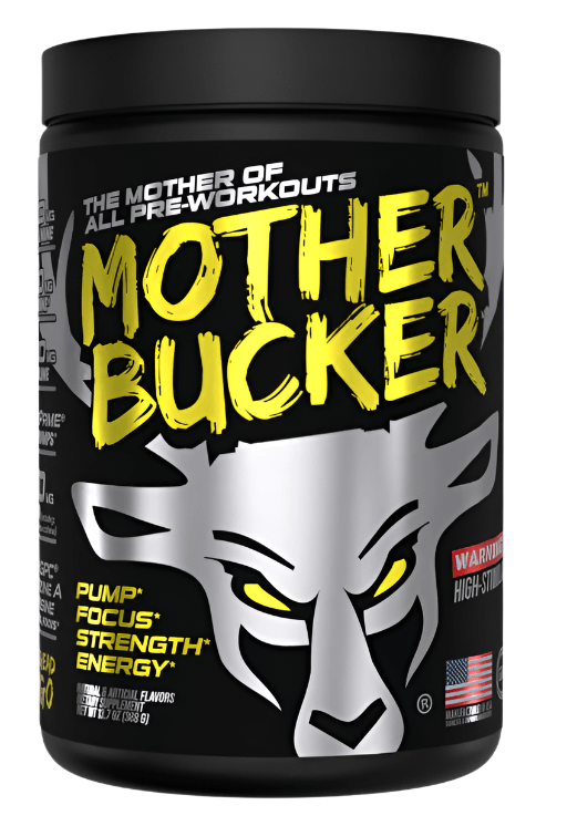 Bucked Up MOTHER BUCKER High-Stimulant Pre-Workout Formula container featuring energizing and focus-enhancing label.