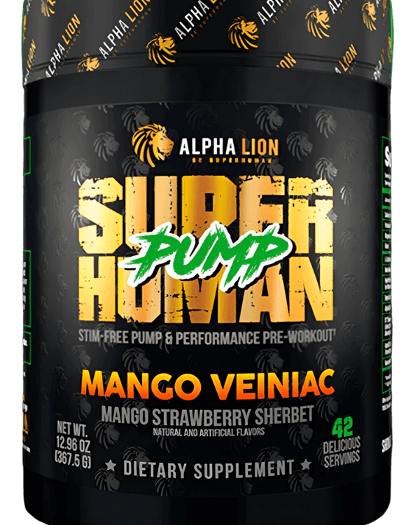 Alpha Lion SuperHuman Pump Mango Veiniac container showcasing stimulant-free pre-workout supplement with mango strawberry flavor.