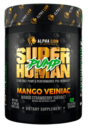 Alpha Lion SuperHuman Pump Mango Veiniac container showcasing stimulant-free pre-workout supplement with mango strawberry flavor.