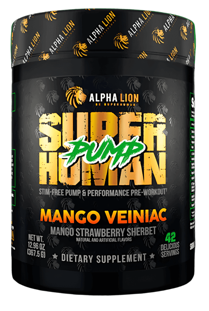 Alpha Lion SuperHuman Pump Mango Veiniac container showcasing stimulant-free pre-workout supplement with mango strawberry flavor.