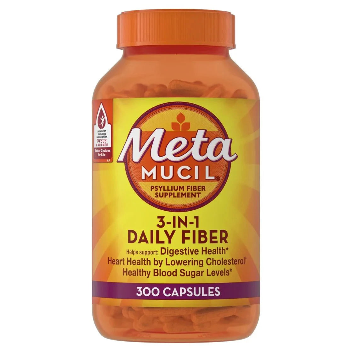 Meta Mucil 3 in 1 Psyllium Fiber Supplement -300 Capsules in an orange bottle with a label highlighting digestive health benefits.