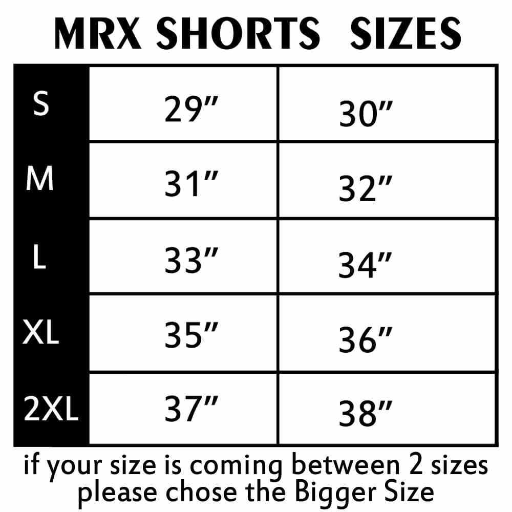MRX Men's MMA Grappling UFC Fight Shorts size chart displaying size options from S to 2XL with measurements.