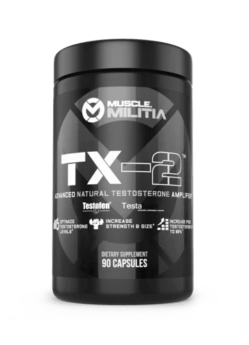 Muscle Militia TX -2 Test Booster in a black container with 90 capsules for advanced testosterone amplification.