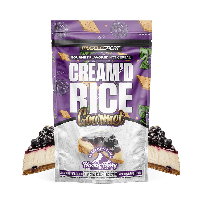 Musclesport Cream'd Rice Gourmet packaging featuring gourmet huckleberry flavored hot cereal.