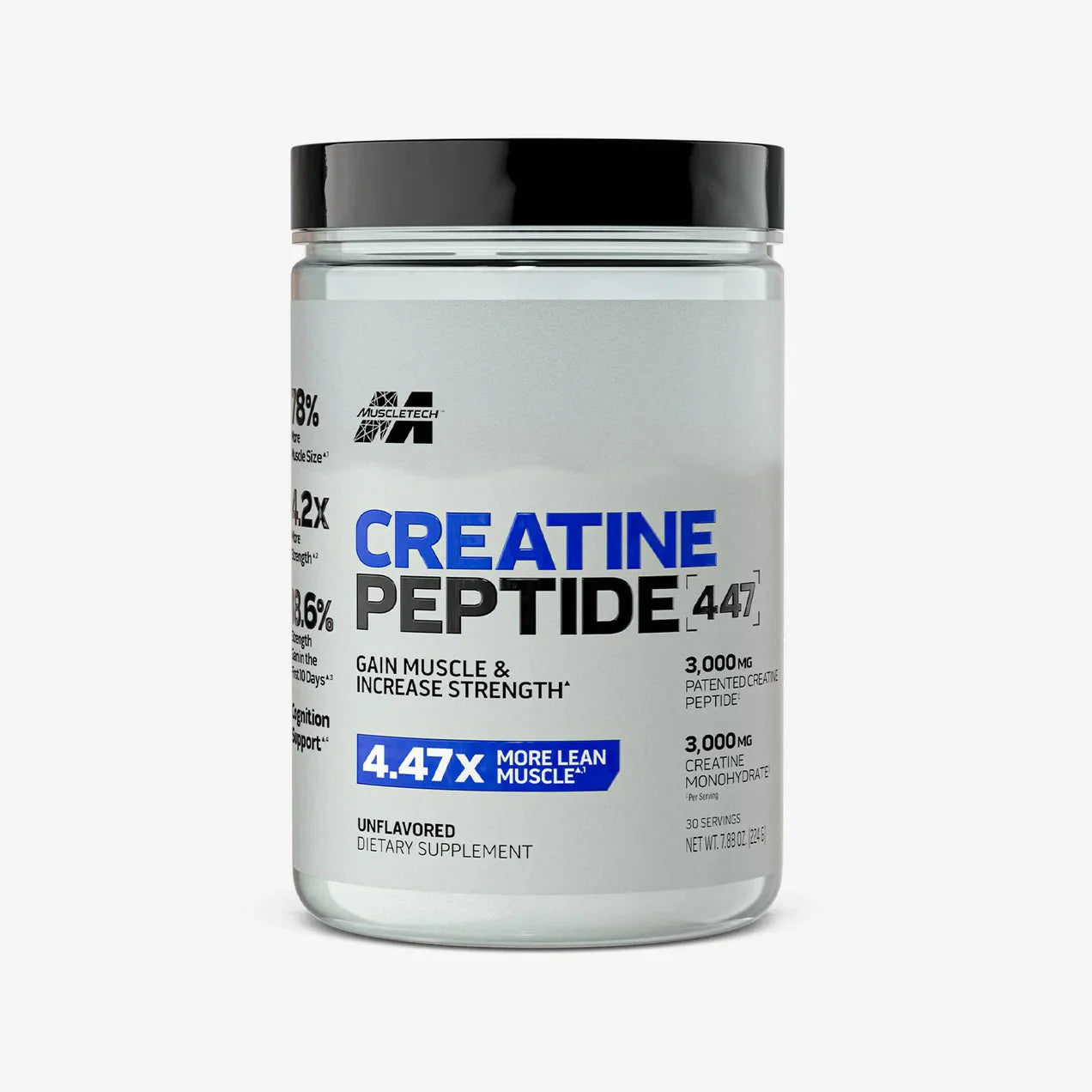 Muscletech Creatine Peptide 447 -30 Servings unflavored dietary supplement for muscle gain and strength.