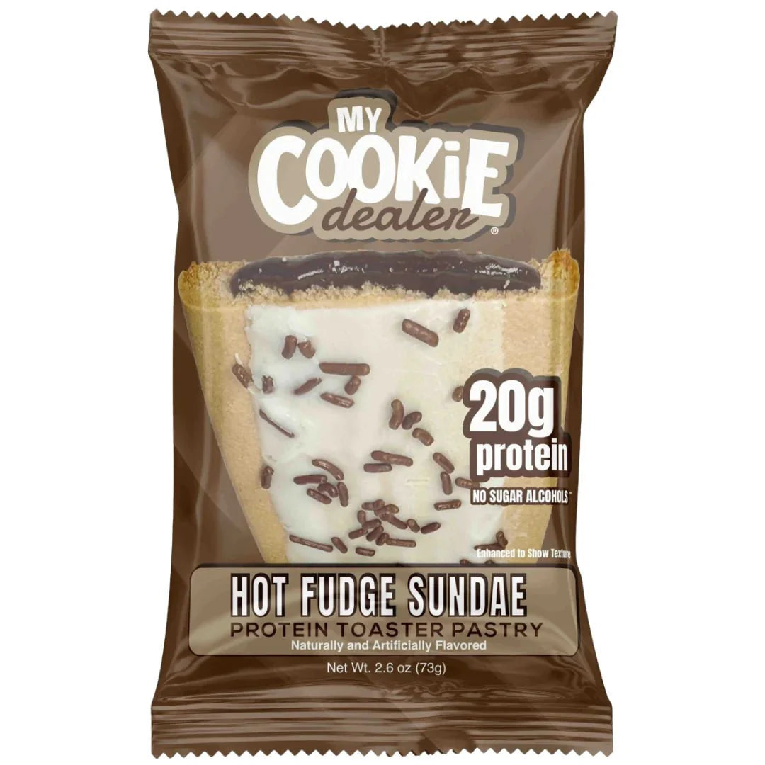 My Cookie Dealer 20g Protein Pastry Hot Fudge Sundae packaging with rich flavor and high-protein snack.