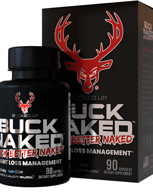 Bucked Up Buck Naked Fat Burner dietary supplement bottle and box packaging for weight loss management.