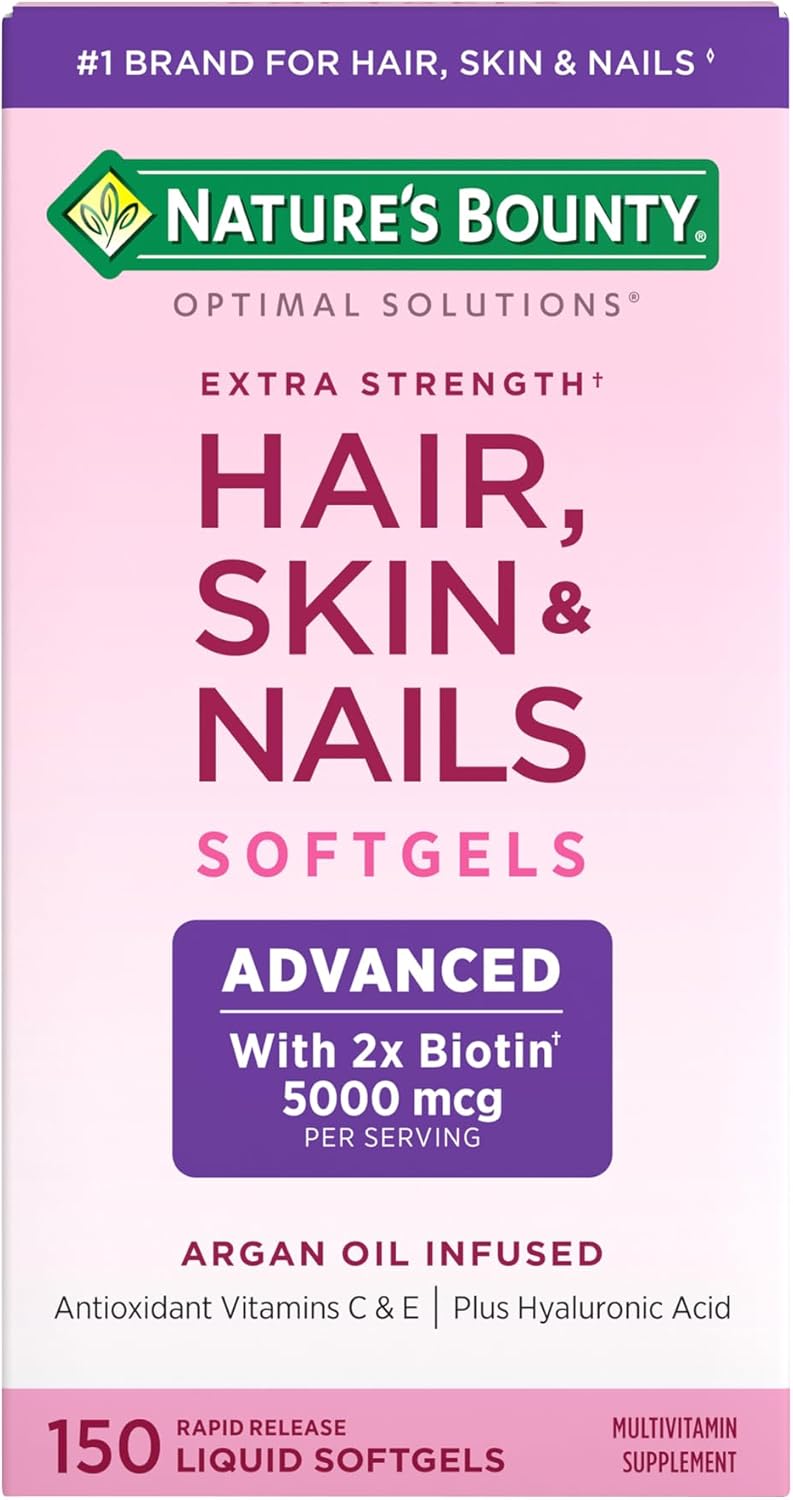 Nature's Bounty Advanced Hair Skin & Nails softgels with 2x Biotin 5000 mcg and argan oil, supports healthy hair, skin, and nails.
