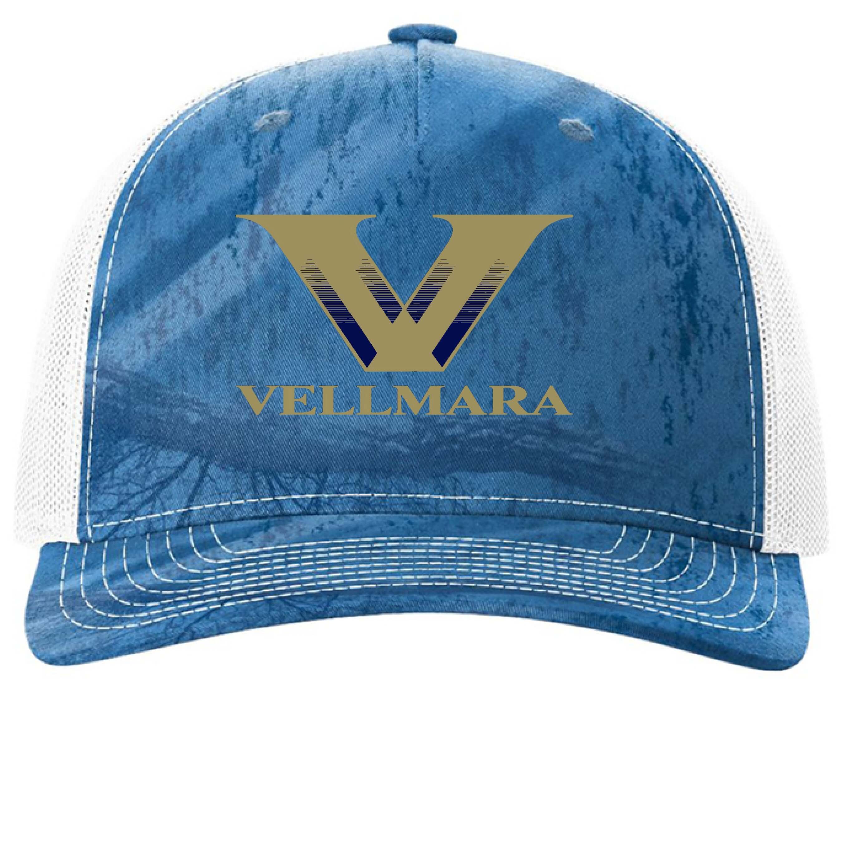 Vellmara Trucker Hat featuring a blue design with a gold Vellmara logo, perfect for enhancing training performance.