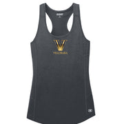 Women's Racerback Tank Top By Vellmara in dark gray with Vellmara logo on the front.