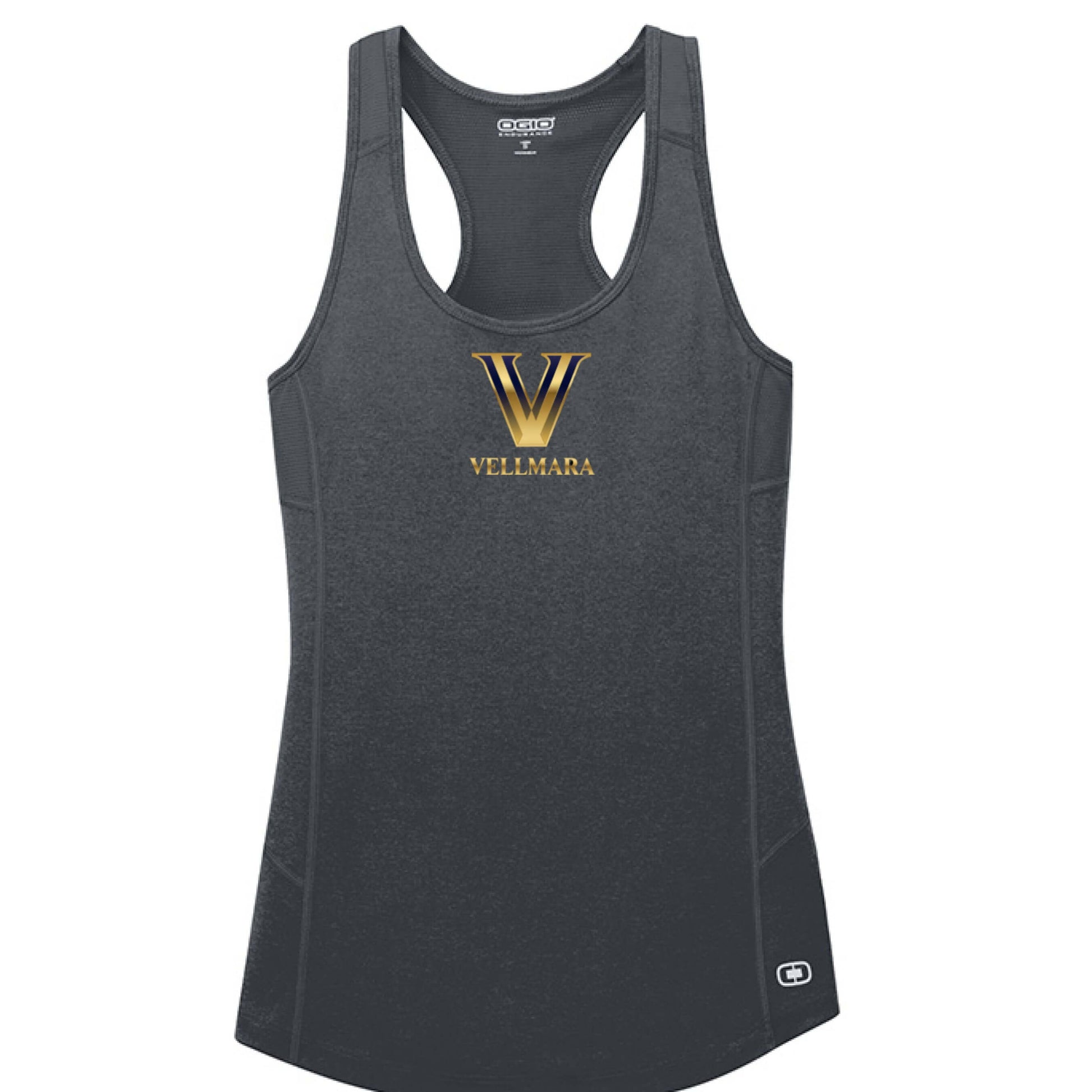 Women's Racerback Tank Top By Vellmara in dark gray with Vellmara logo on the front.