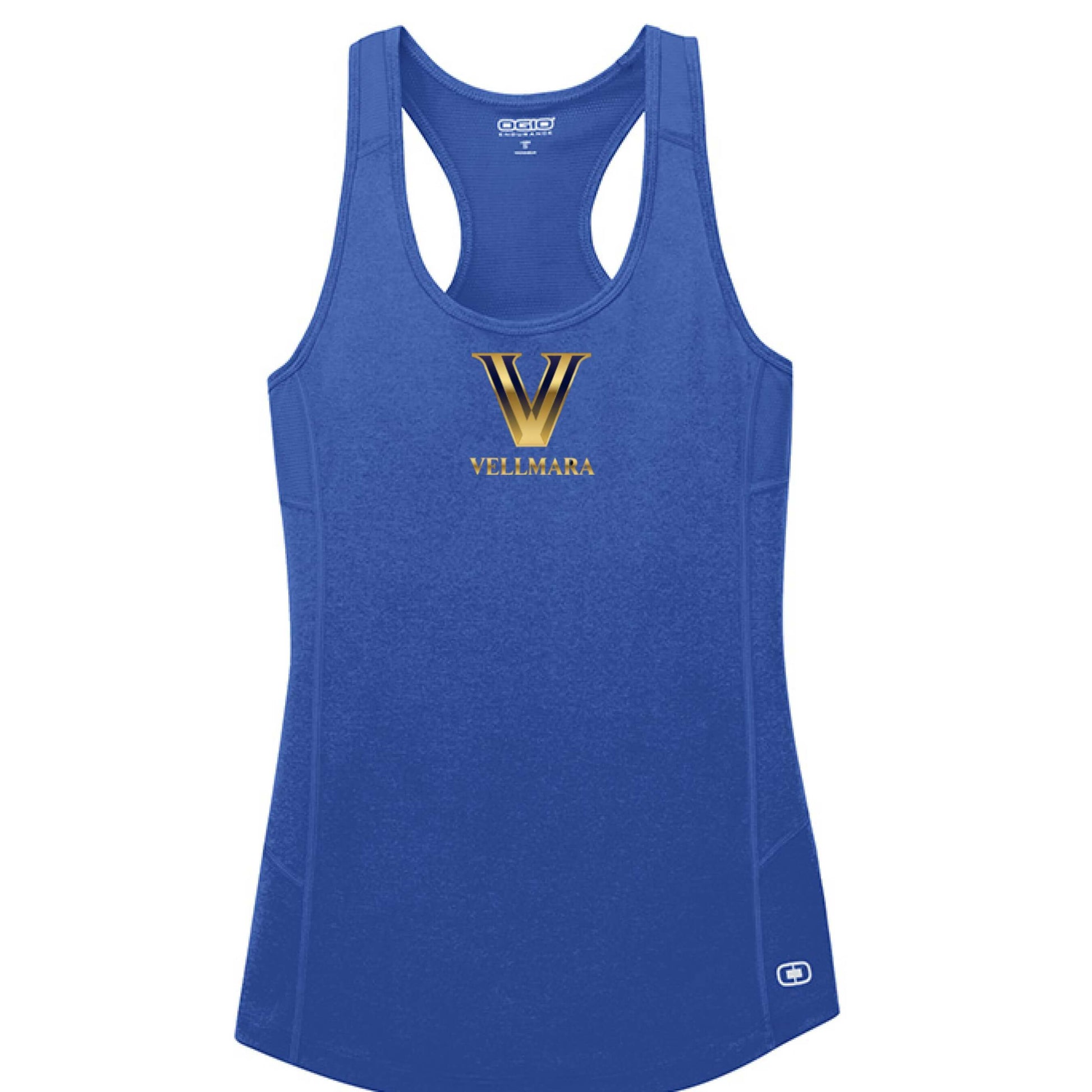 Women's Racerback Tank Top By Vellmara in royal blue with gold logo design.