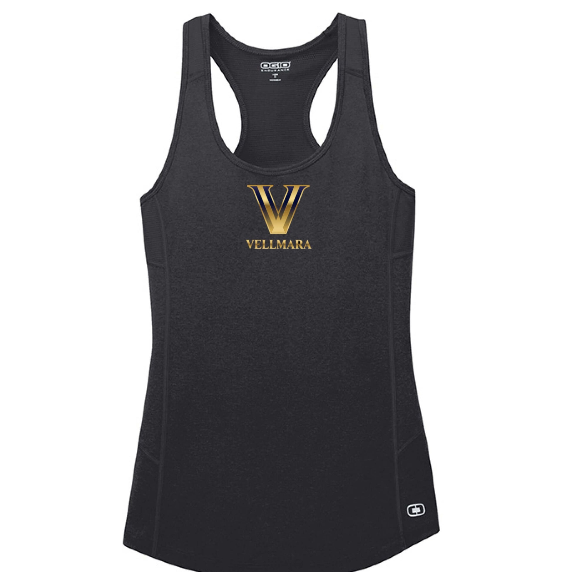 Women's Racerback Tank Top By Vellmara in black with gold logo
