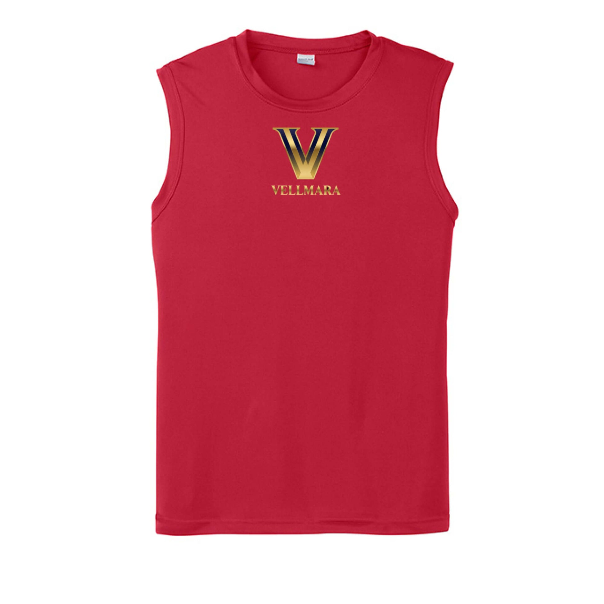 Vellmara Competitor Performance Tee in red color, sleeveless design with logo, perfect for sports and outdoor activity.