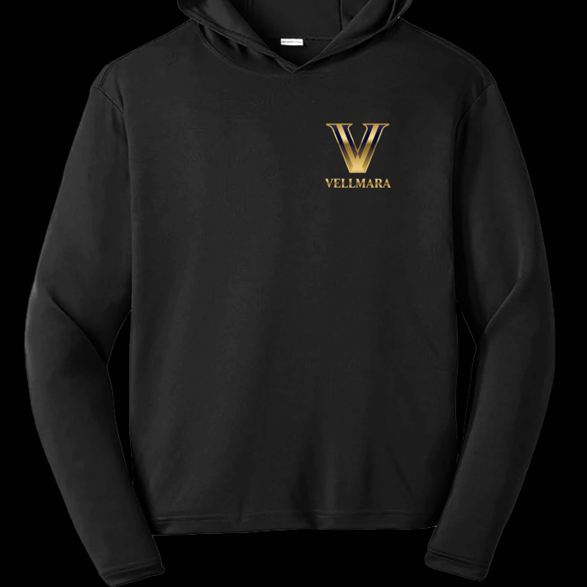 Youth Long Sleeve Performance Pullover By Vellmara in black with Vellmara logo