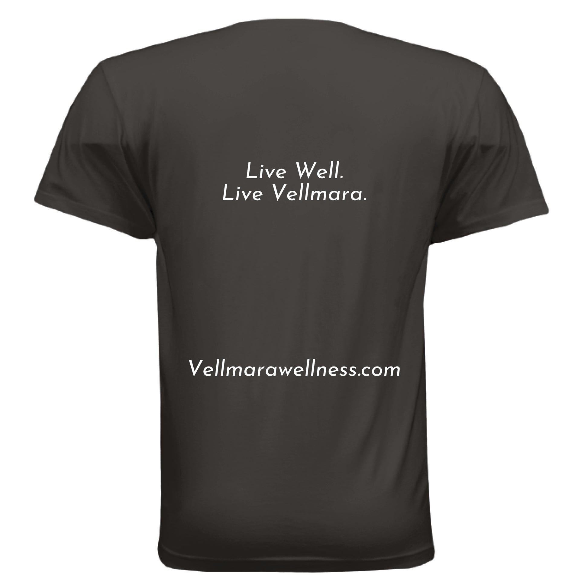 Live Well moisture wicking performance T-shirt by Vellmara back view showing slogan and website.