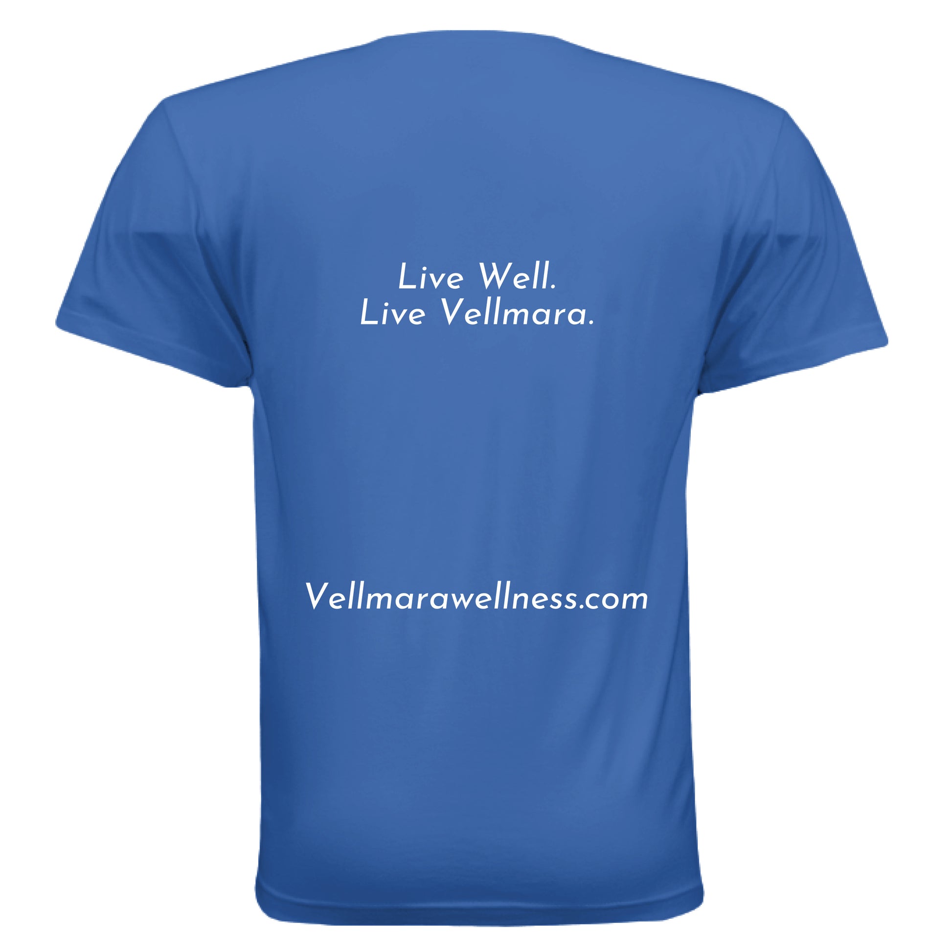 Live Well moisture wicking performance T-shirt by Vellmara, blue T-shirt with Live Well text on the back.