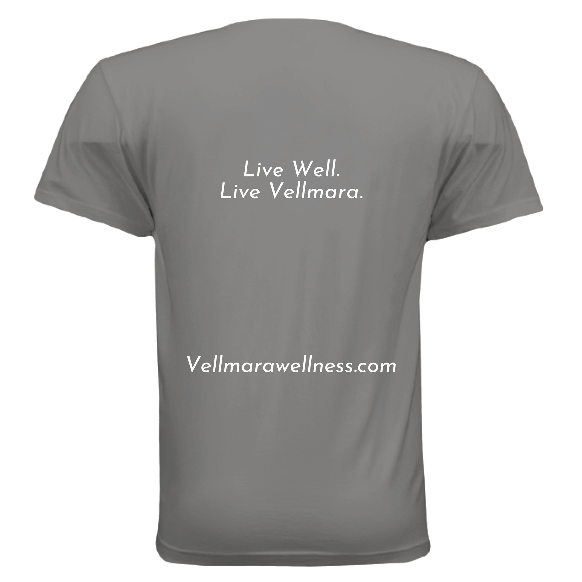 Live Well moisture wicking performance T-shirt by Vellmara back view displaying text and logo.