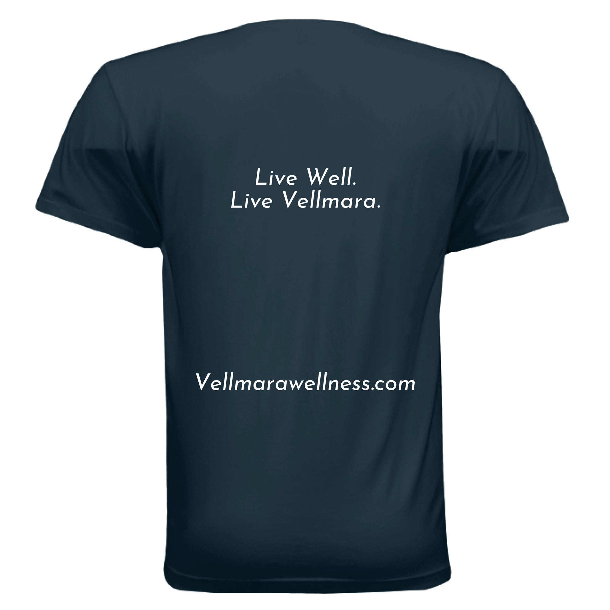 Live Well moisture wicking performance T-shirt by Vellmara, featuring text on back promoting wellness.