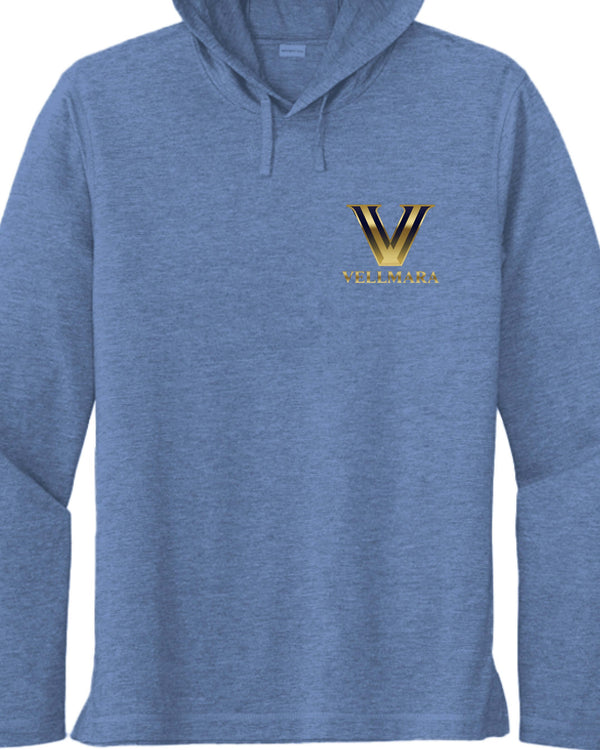 Strong is My Side Hustle Hooded Long Sleeve Tee in blue with gold logo on chest.