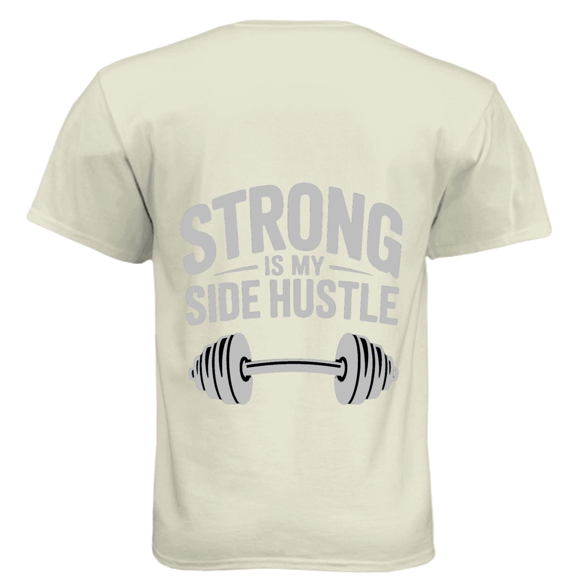 Strong is My Side Hustle -Men's Soft Tee featuring a dumbbell graphic on the back.