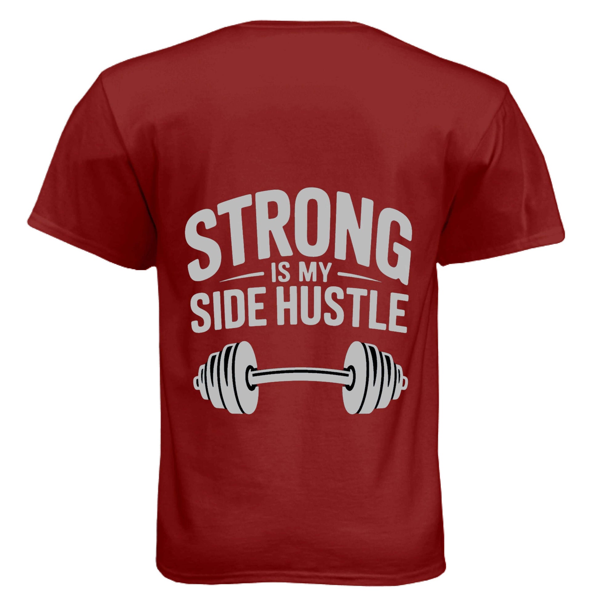 Back view of Strong is My Side Hustle -Men's Soft Tee featuring a weightlifting barbell design.