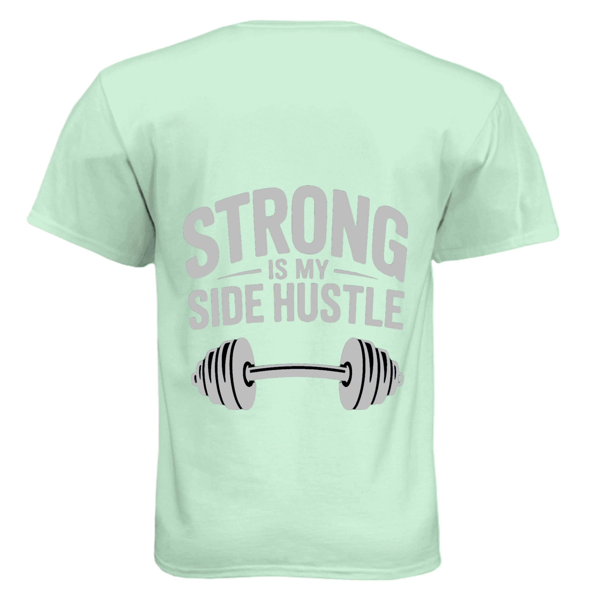 Back view of Strong is My Side Hustle -Men's Soft Tee with dumbbell graphic on mint green fabric.