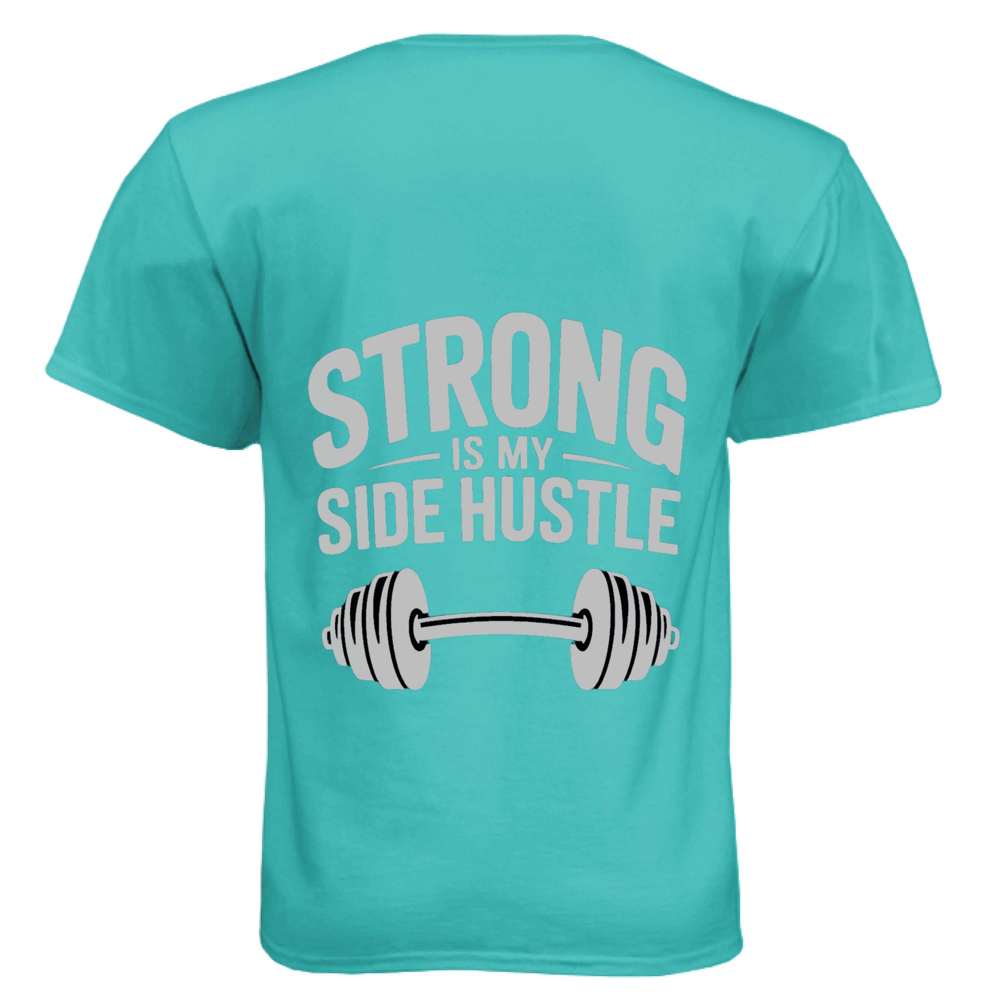 Strong is My Side Hustle -Men's Soft Tee featuring a barbell design on a turquoise shirt.